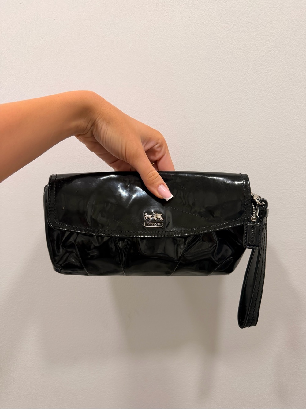 Coach Black Patent Leather Wristlet Clutch with Detachable Strap